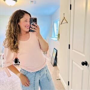 GAP Light Pink Ribbed Cotton Tie Sleeve Blouse Top M Tall